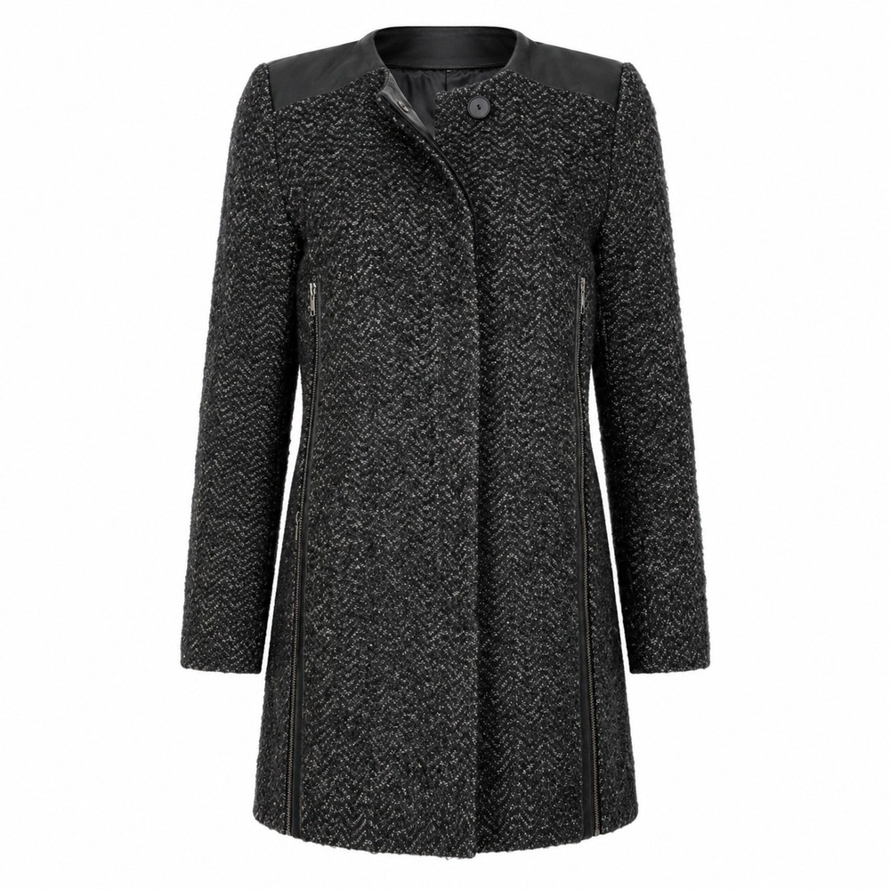Maje Dumbo Coat Women's Small Charcoal Grey Leather Trim‎ Wool Tweed Wool Mohair